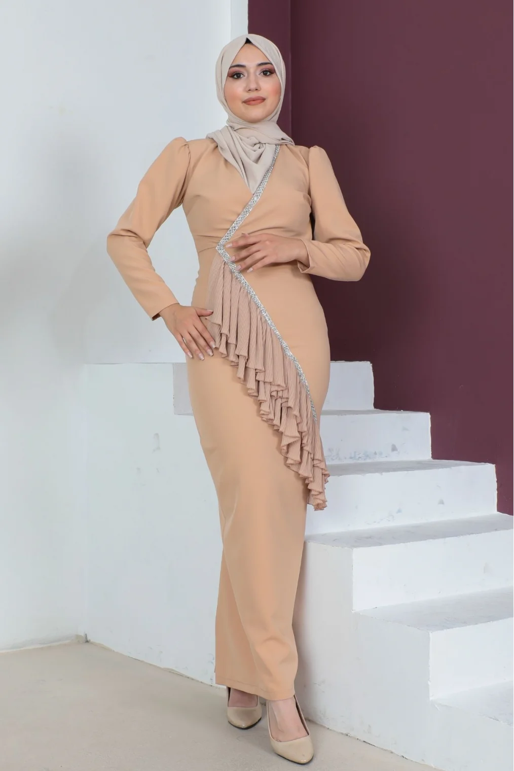 Kruvaze Yaka Tesettür Kalem Elbise 768-Camel