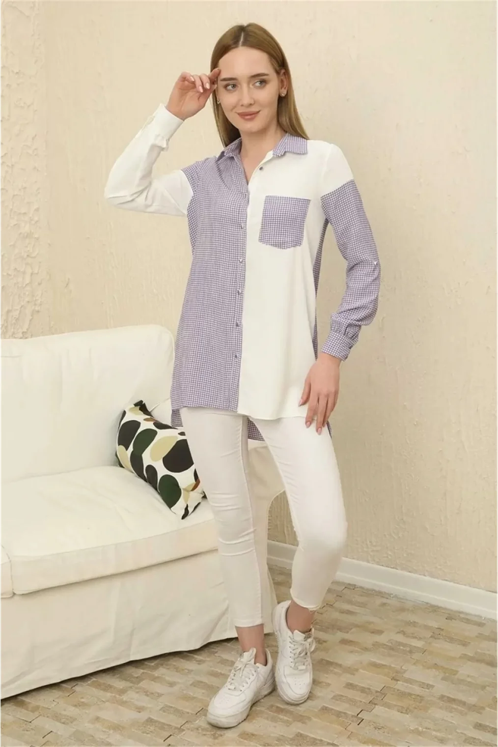 Kareli Uzun Kollu Gömlek 1756-Lila/Beyaz