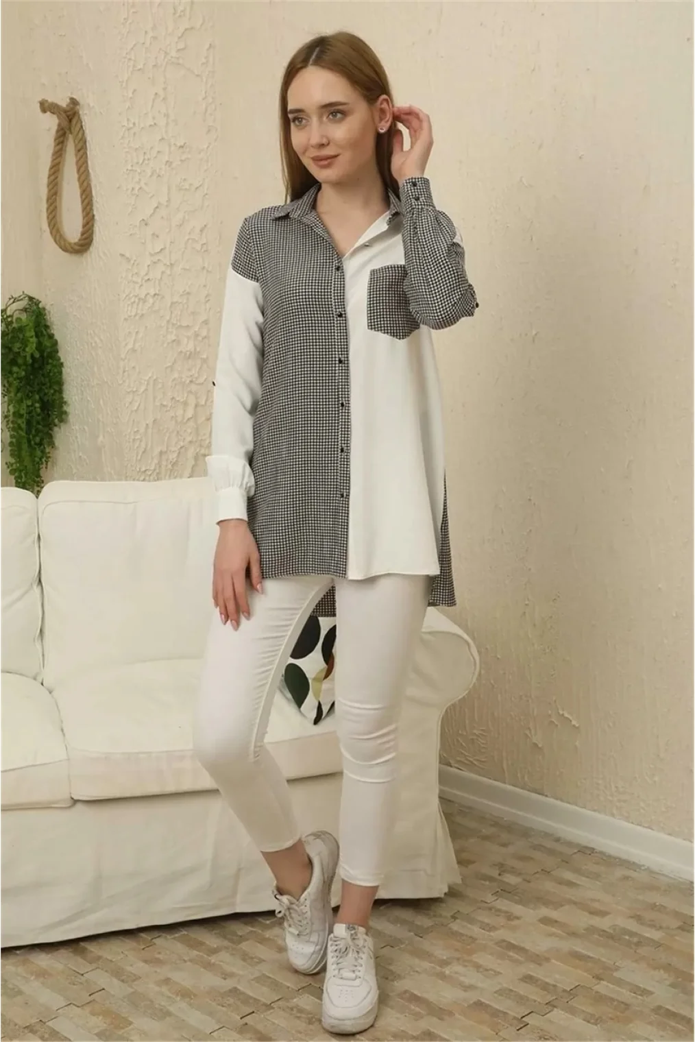 Kareli Uzun Kollu Gömlek 1756-Siyah/Beyaz