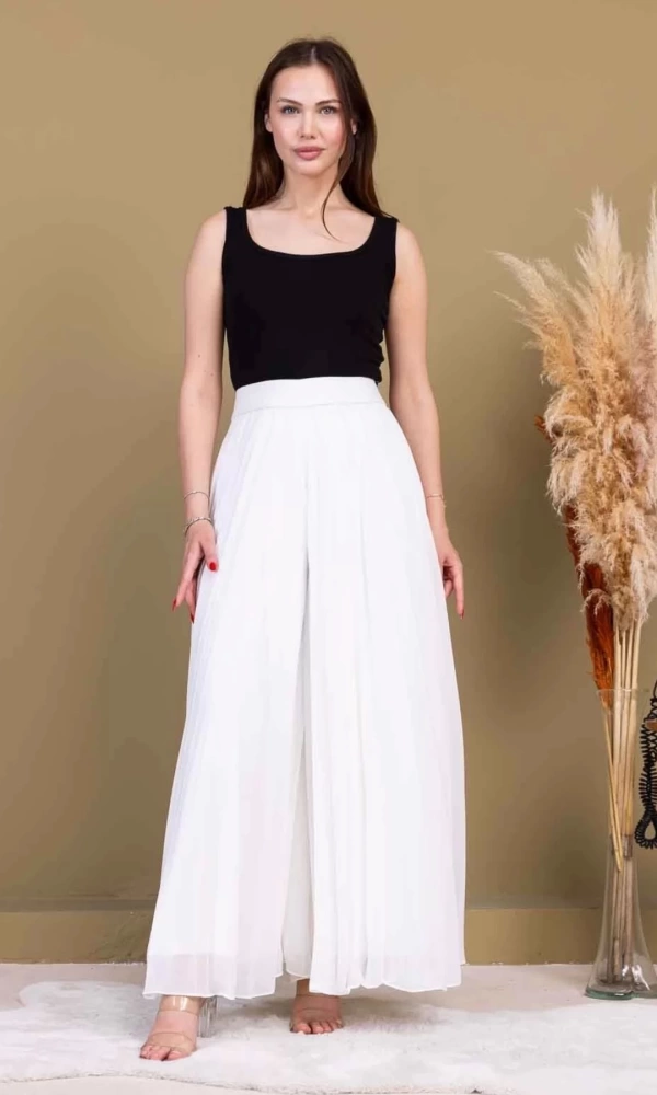 Beli Lastikli Pliseli Şifon Pantolon 6030-Beyaz