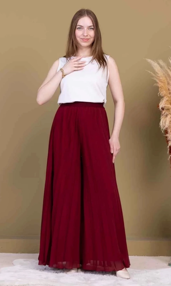 Beli Lastikli Pliseli Şifon Pantolon 6030-Bordo