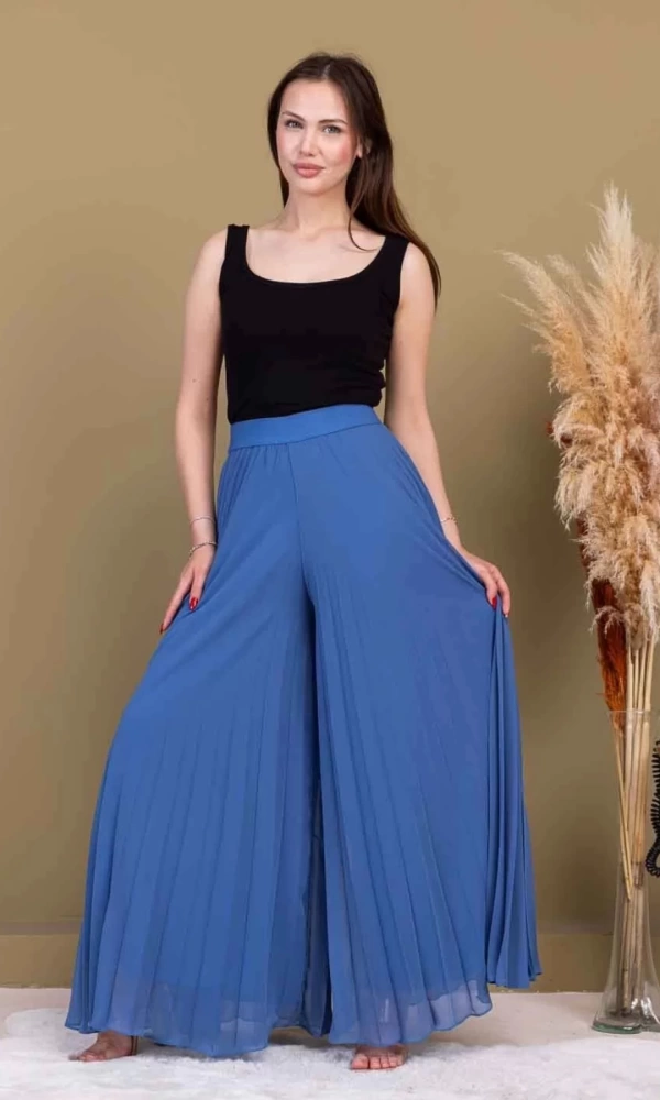 Beli Lastikli Pliseli Şifon Pantolon 6030-İndigo