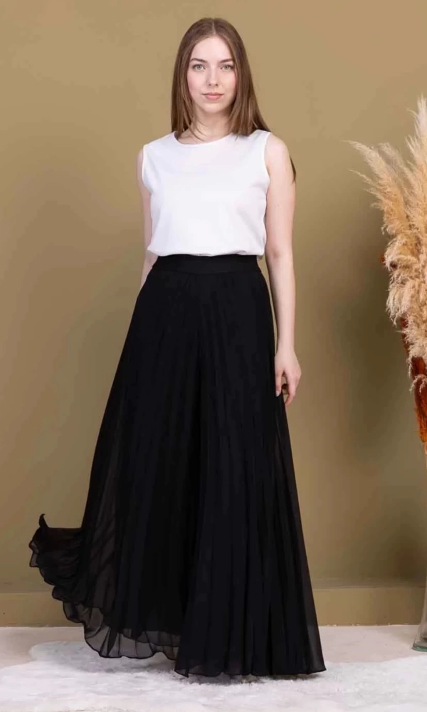 Beli Lastikli Pliseli Şifon Pantolon 6030-Siyah
