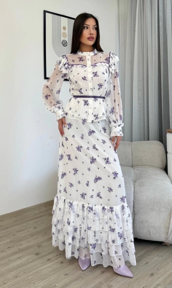 Çiçek Desenli Bluz ve Etek İkili Takım 4707-Beyaz/Mor