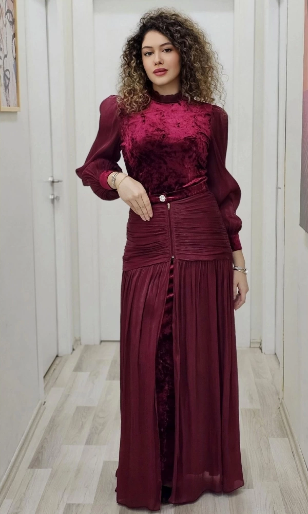 Çiçek Detaylı Çıkarılabilir Etekli Kadife Abiye 2752-Bordo