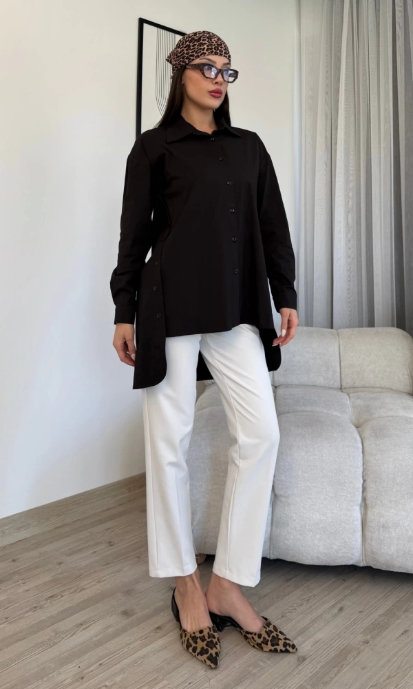Düğme Detaylı Poplin Gömlek 6014-Siyah