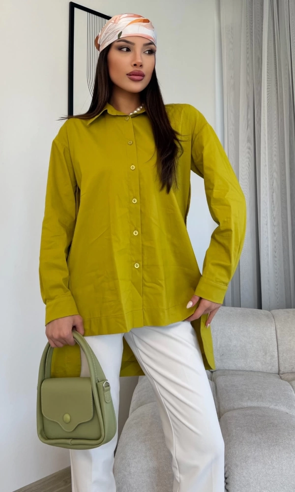 Düğme Detaylı Poplin Gömlek 6014-Yeşil