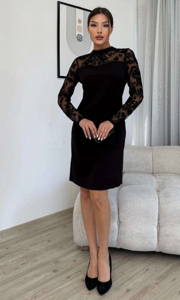 Flok Baskılı Boncuk İşlemeli Elbise 6023-Siyah