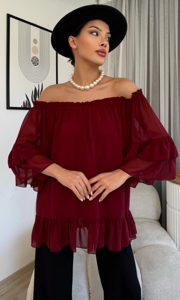 Yaka Lastikli Şifon Bluz 6022-Bordo