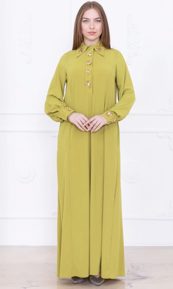 Yaka ve Manşet İşleme Detaylı Rahat Form Elbise 1014-Olive