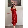Kırmızı Kalp Desenli Viskon Elbise