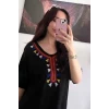 Siyah Nakışlı Detaylı Penye Elbise