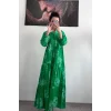 Uzun Kollu Yeşil Keten Elbise