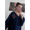 Koyu Mavi Çiçek İşlemeli Salaş Elbise