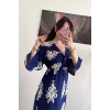 Beli Lastikli Desenli Mavi Viskon Elbise