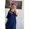 Mavi Çiçek Nakışlı Penye Elbise