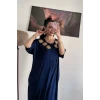 Mavi Çiçek Nakışlı Penye Elbise