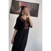 Siyah Nakışlı Saçak Detaylı Penye Elbise