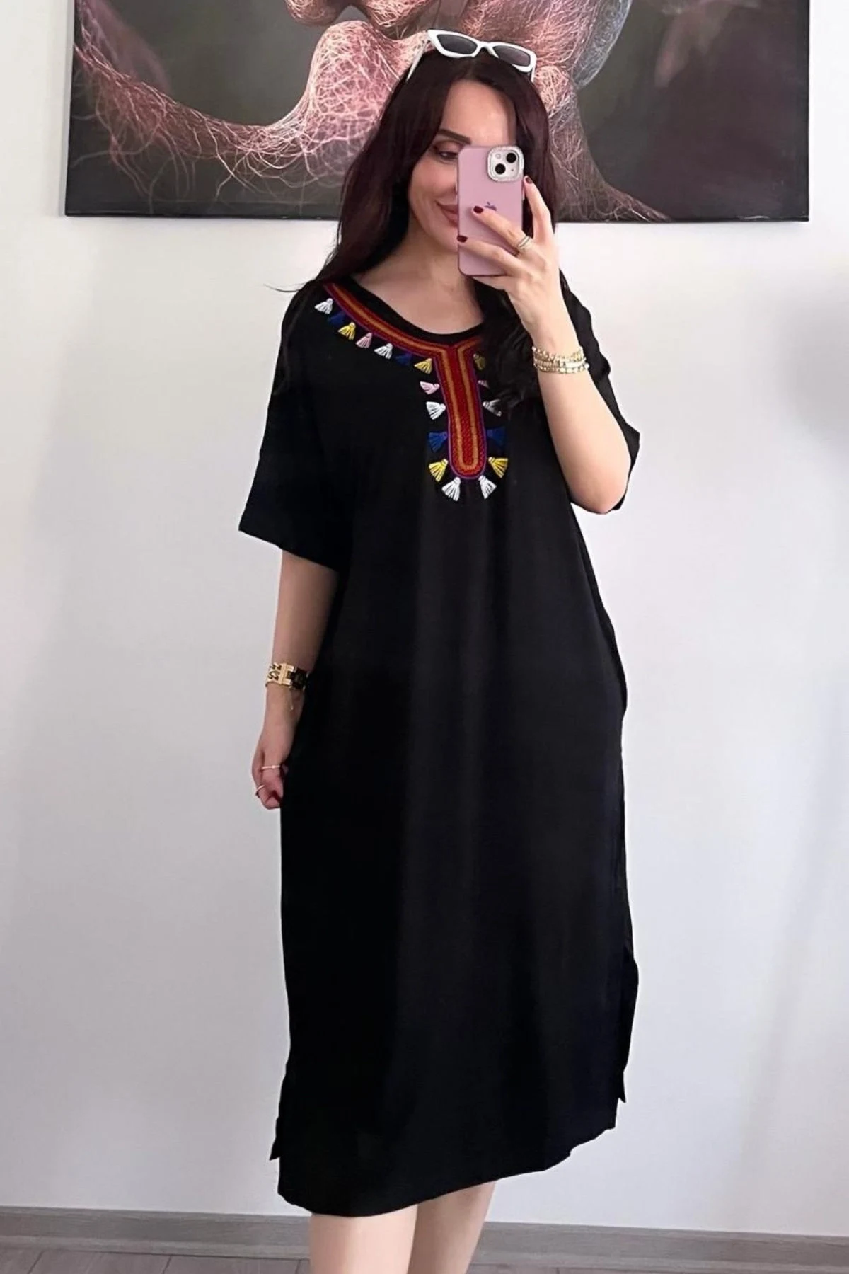 Siyah Nakışlı Detaylı Penye Elbise