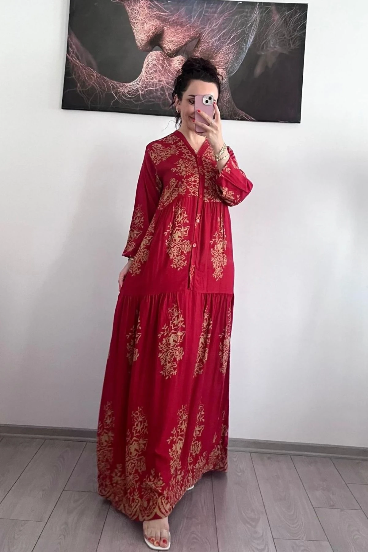 Kırmızı Etnik Desenli Uzun Kollu Elbise