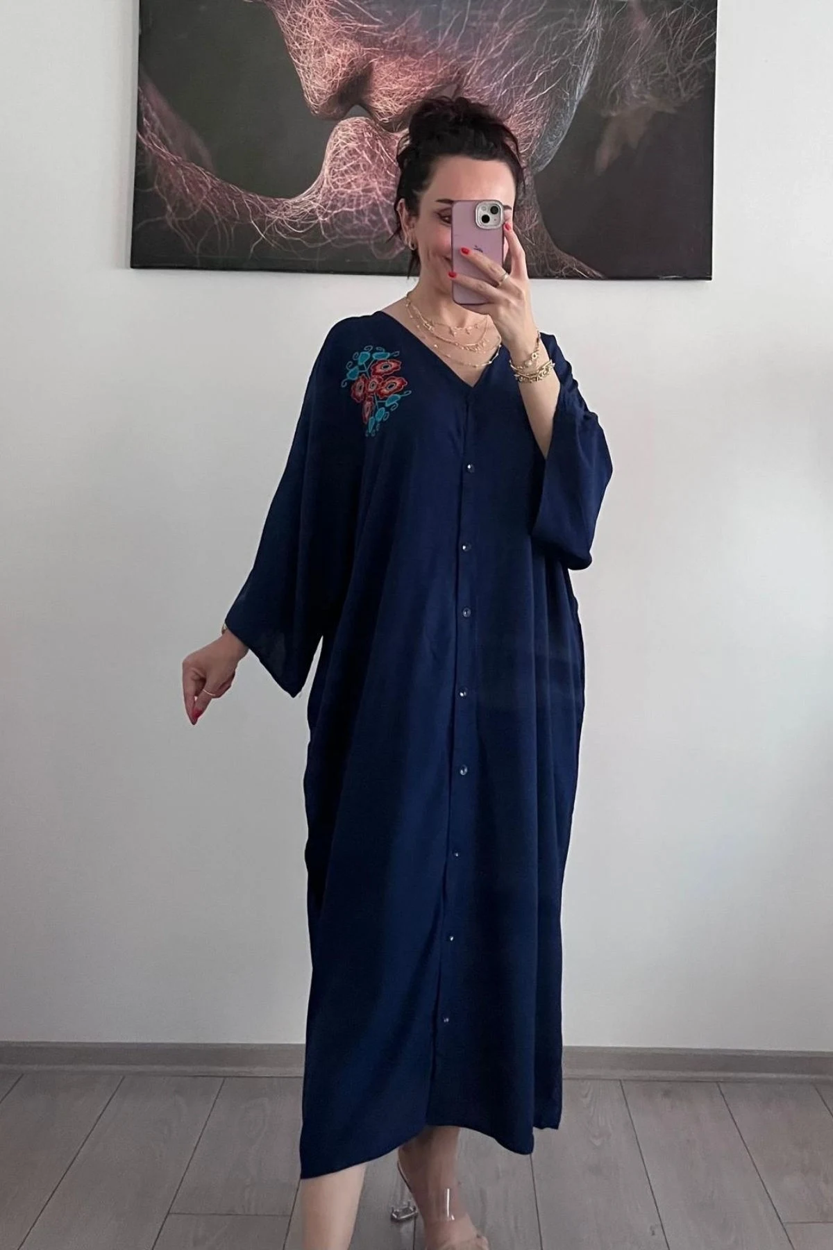 Koyu Mavi Çiçek İşlemeli Salaş Elbise