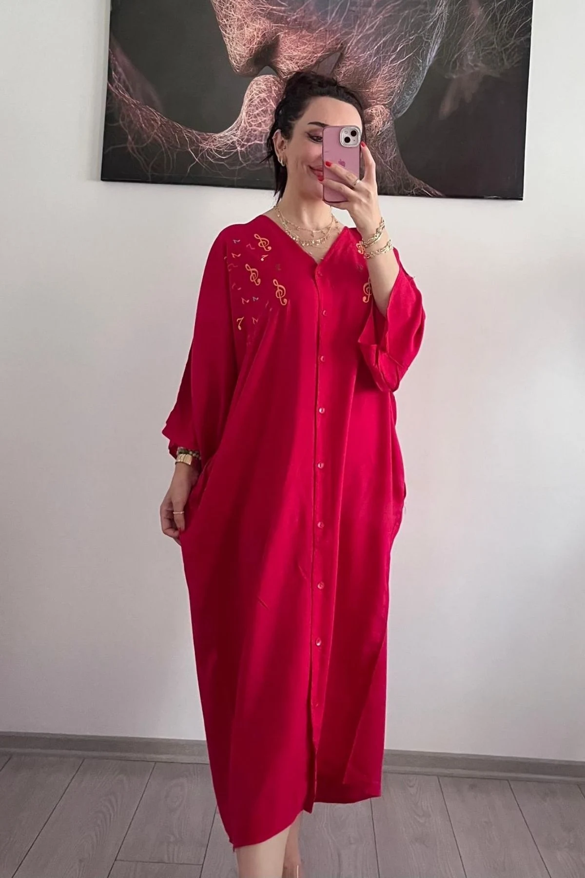 Fuşya Pembe Nota İşlemeli Salaş Elbise
