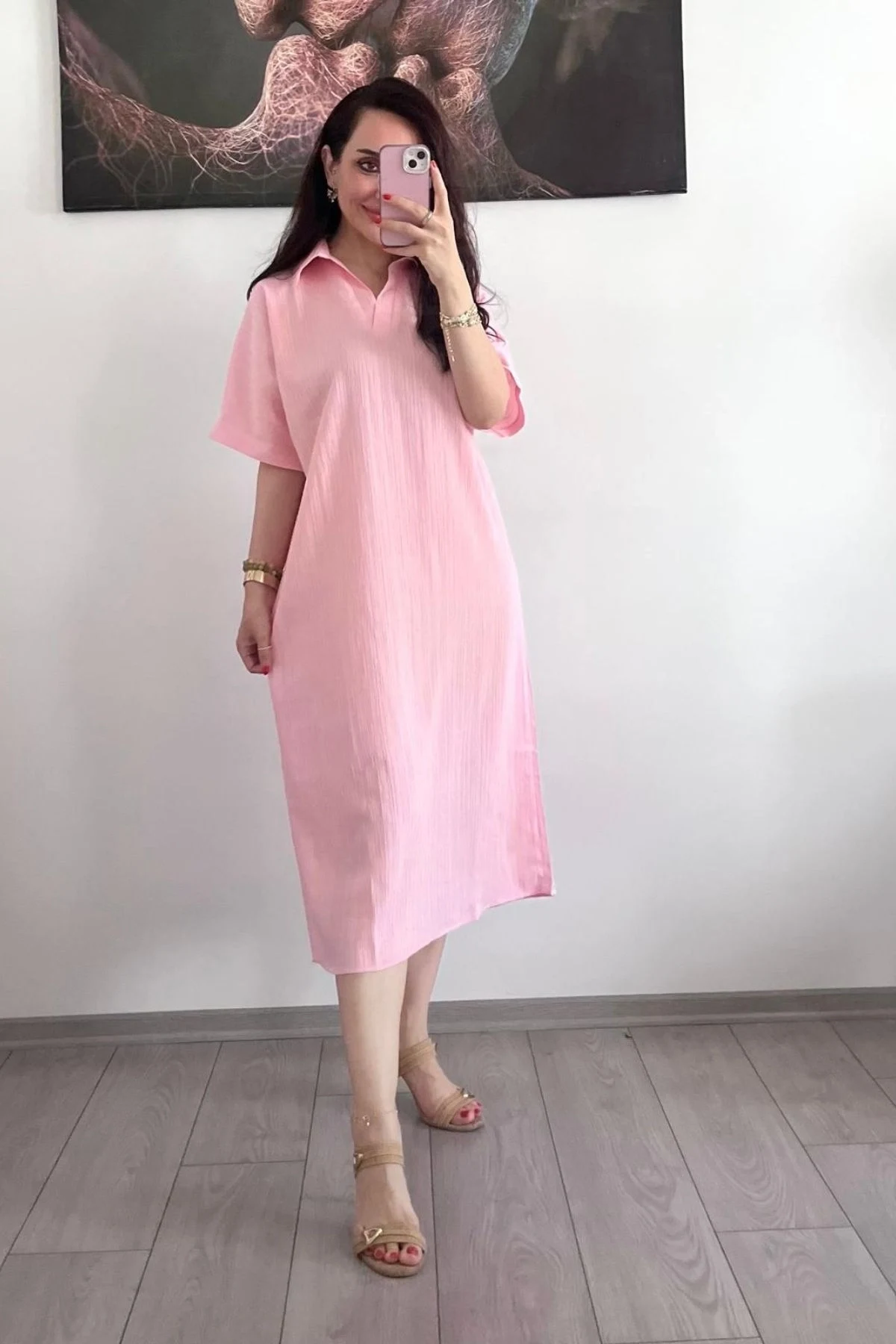 Pembe Müslin Kumaş Kuşaklı Elbise