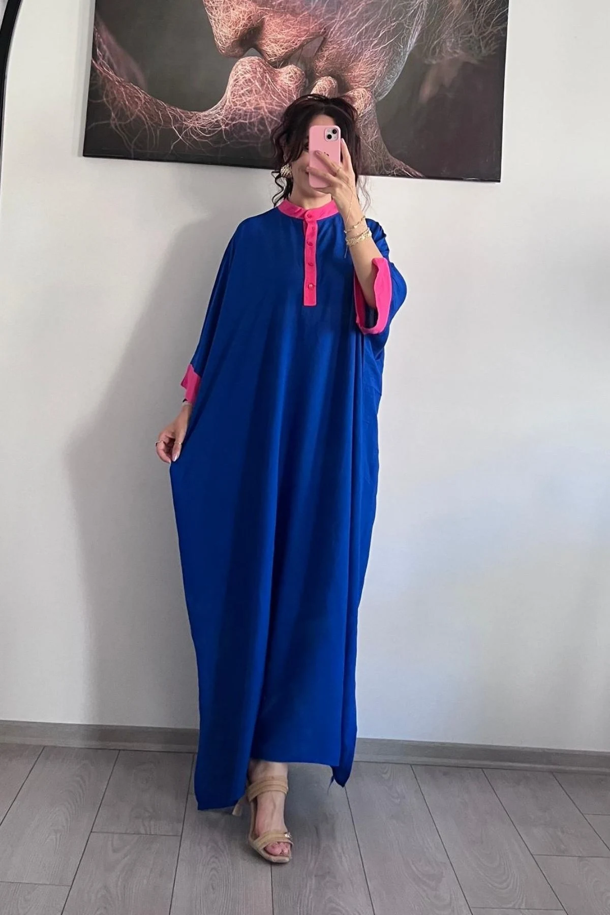 Türkiş Otantik Mavi Pembe Elbise