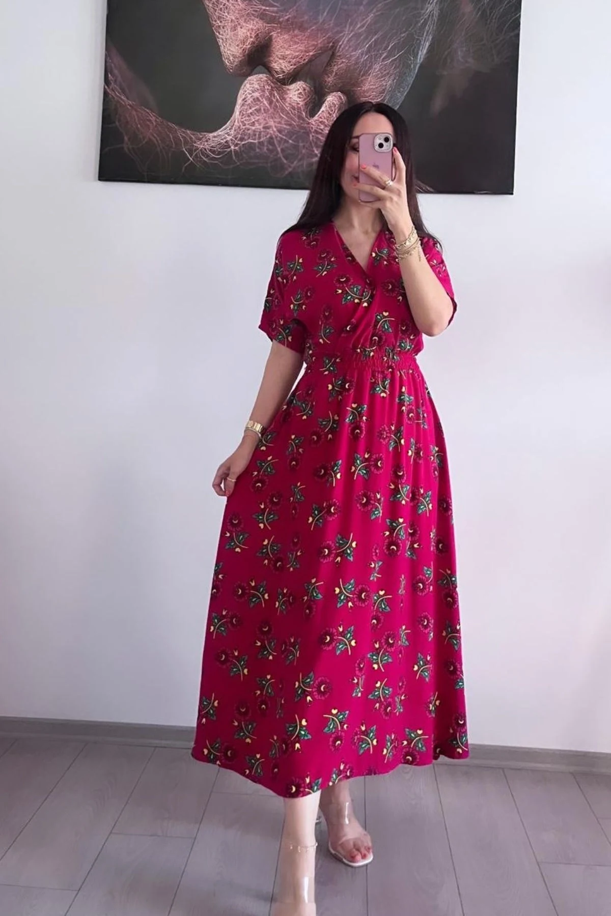 Fuşya Pembe Yöresel Desenli Elbise