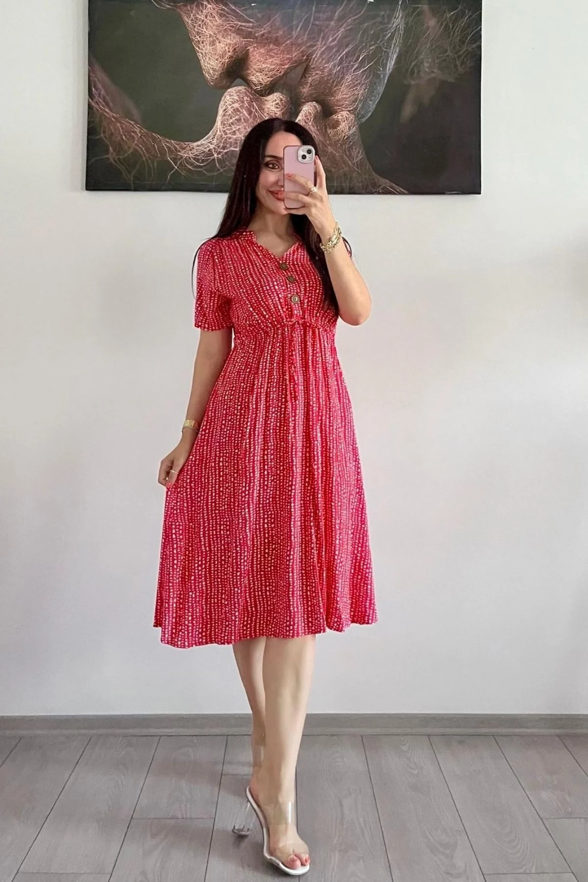 Pembe Düğmeli Beli Bağlamalı Elbise