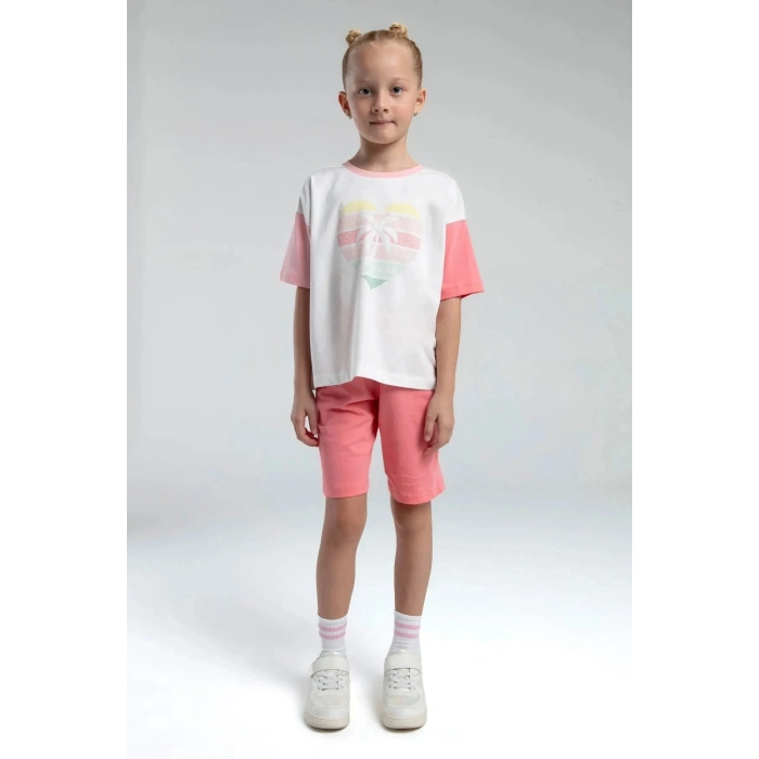 KIZ ÇOCUK BERMUDA TAKIM - BEYAZ/SOMON