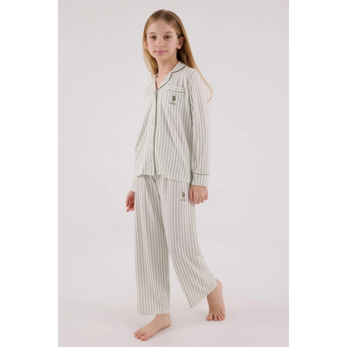 KIZ ÇOCUK GÖMLEK PİJAMA TAKIMI - ÇAY YEŞİLİ