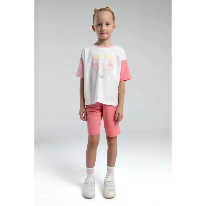KIZ ÇOCUK BERMUDA TAKIM - BEYAZ/SOMON