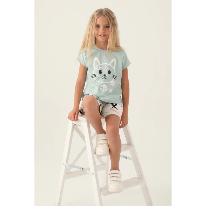 KIZ ÇOCUK ŞORT TAKIM - SU YEŞİLİ