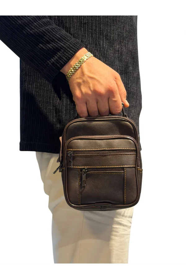 Erkek Hakiki Deri Dikey Kahverengi Küçük Boy El Çantası