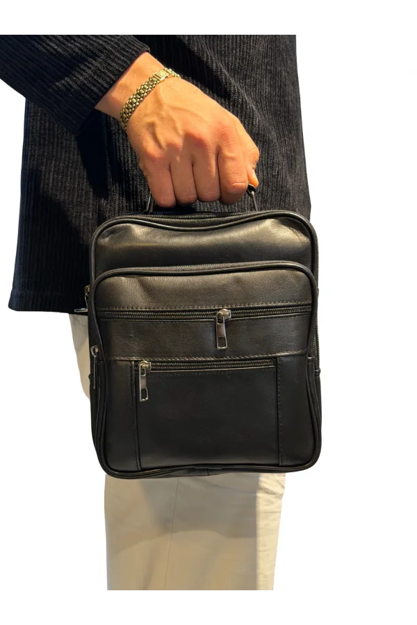 Erkek Hakiki Deri Dikey Siyah Büyük Boy El Çantası