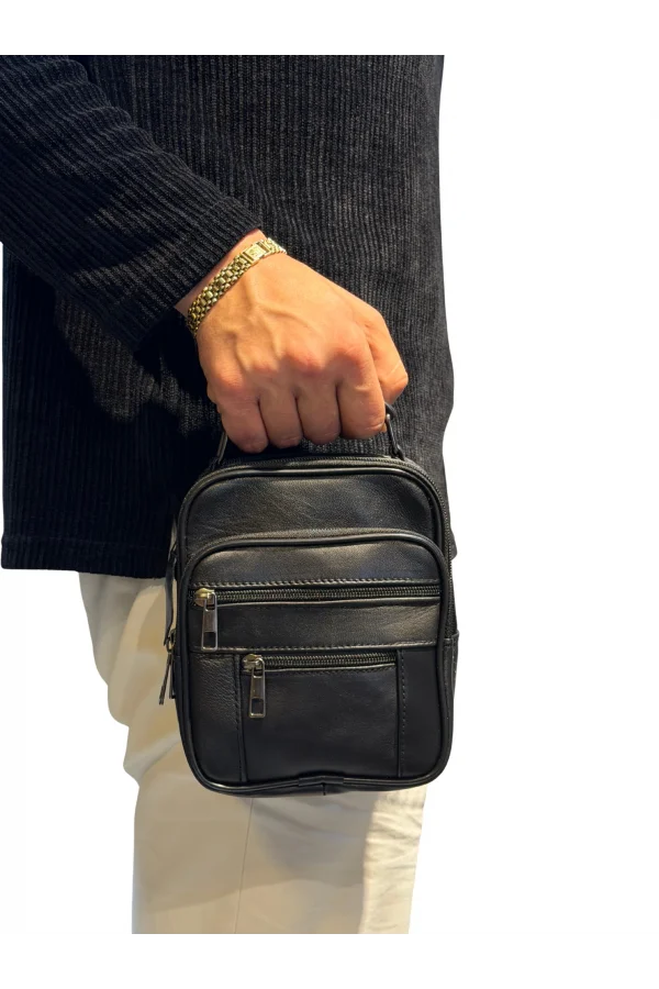 Erkek Hakiki Deri Dikey Siyah Küçük Boy El Çantası