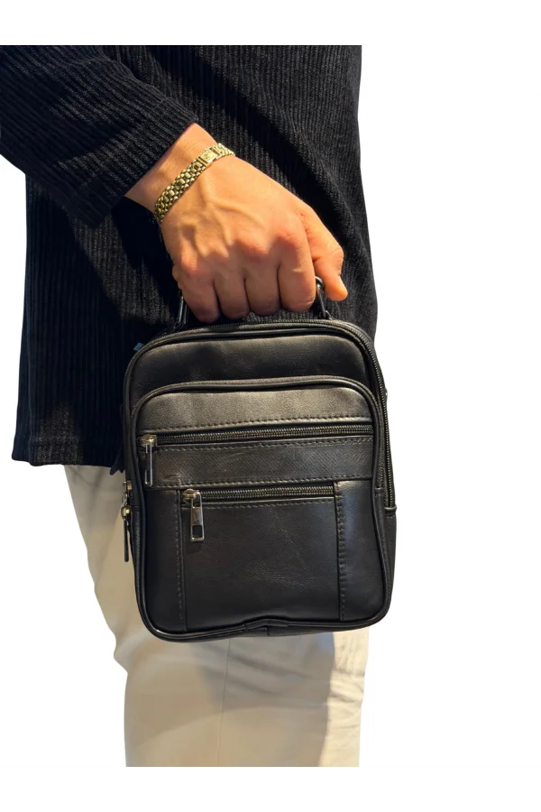 Erkek Hakiki Deri Dikey Siyah Orta Boy El Çantası