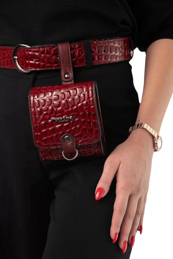Kadın Suni Deri Kemerli Çanta Kırmızı Kabartma Croco Deri