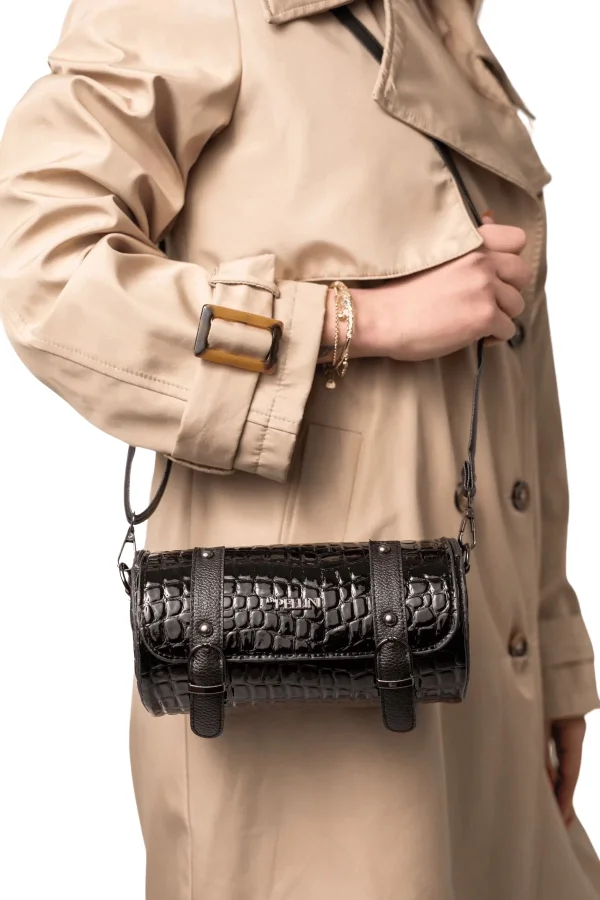 Kadın Suni Deri Silindir Omuz Çantası Siyah Croco Kabartma Deri