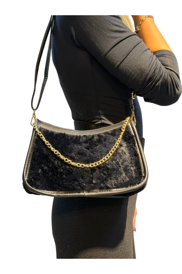 Peluş El Kol Omuz Çantası Siyah