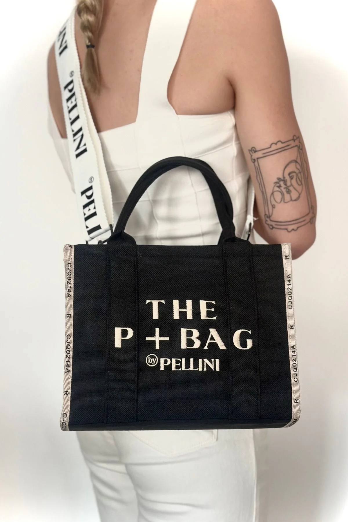 The P+Bag El ve Omuz Küçük Çanta Siyah Krem Çizgili