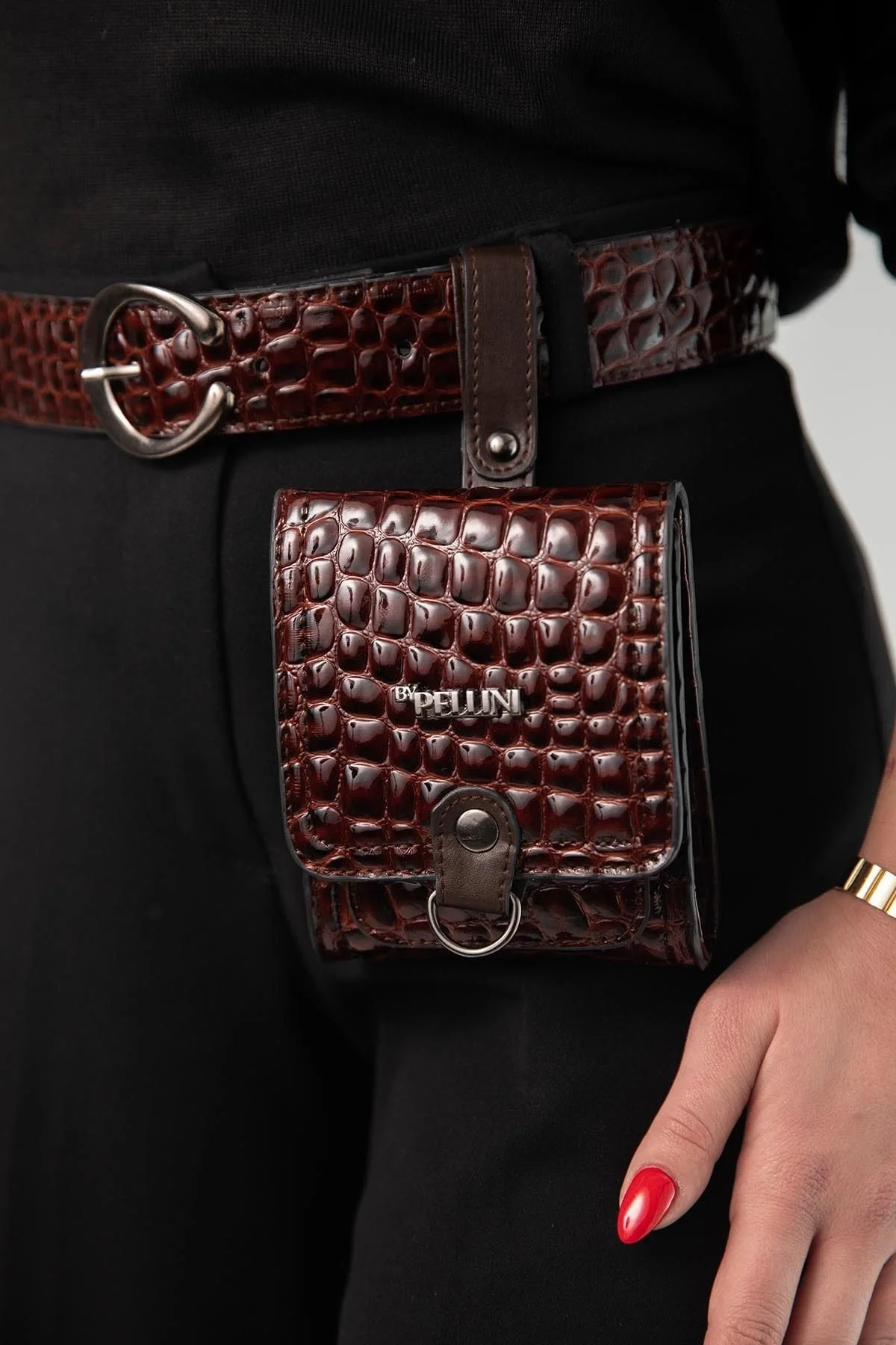 Kadın Suni Deri Kemerli Çanta Kahverengi Kabartma Croco Deri