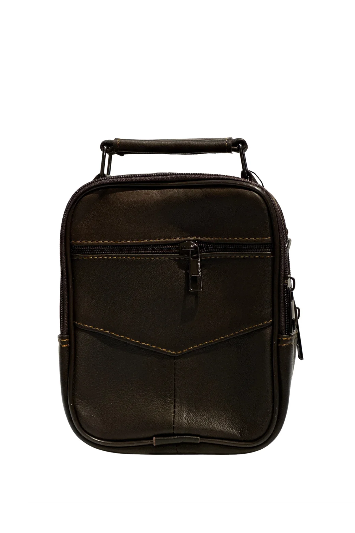 Erkek Hakiki Deri Dikey Kahverengi Küçük Boy El Çantası