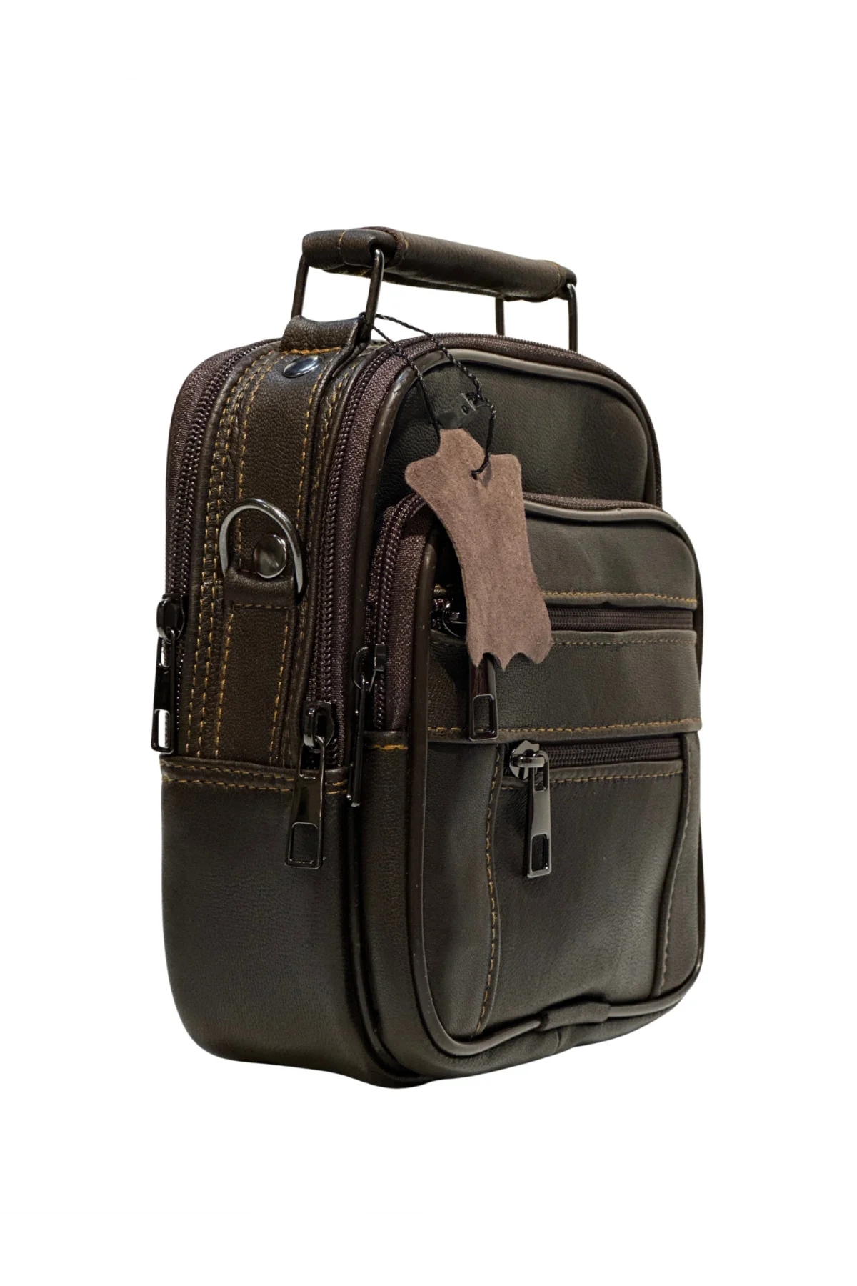 Erkek Hakiki Deri Dikey Kahverengi Küçük Boy El Çantası