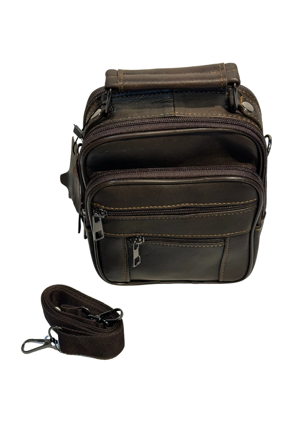 Erkek Hakiki Deri Dikey Kahverengi Küçük Boy El Çantası