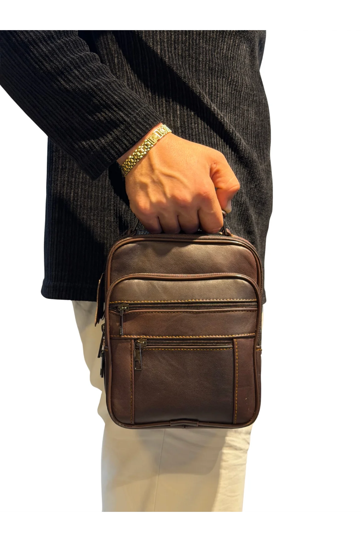 Erkek Hakiki Deri Dikey Kahverengi Orta Boy El Çantası