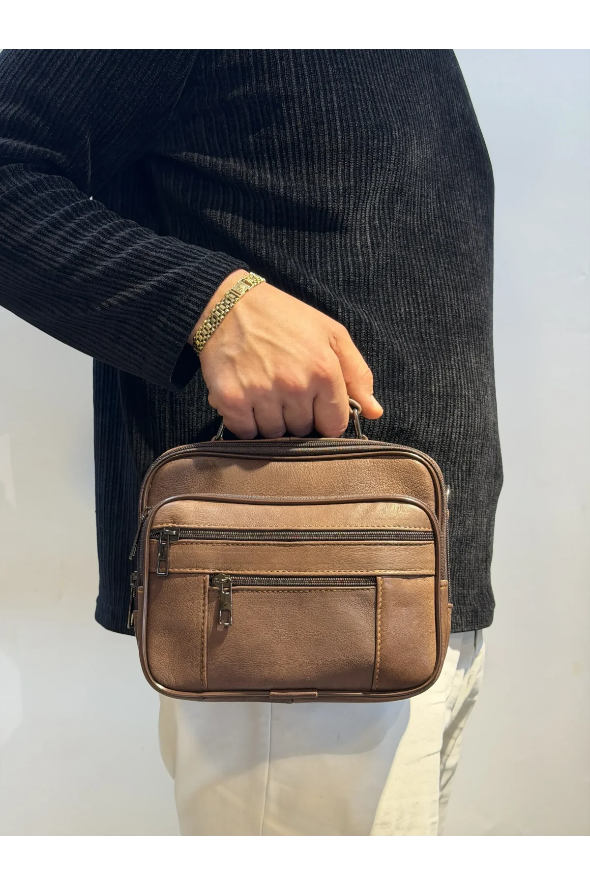 Erkek Hakiki Deri Yatay Kahverengi Küçük Boy El Çantası