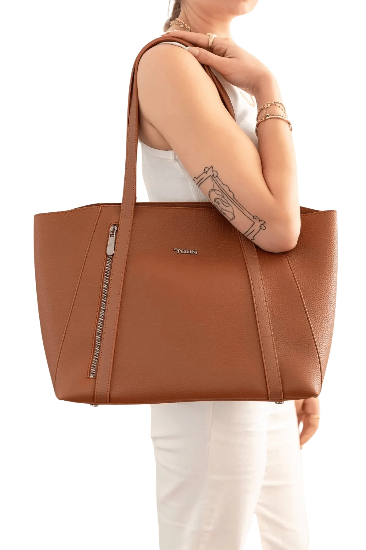 Kadın Suni Deri Büyük Omuz Çantası Setli Kahverengi