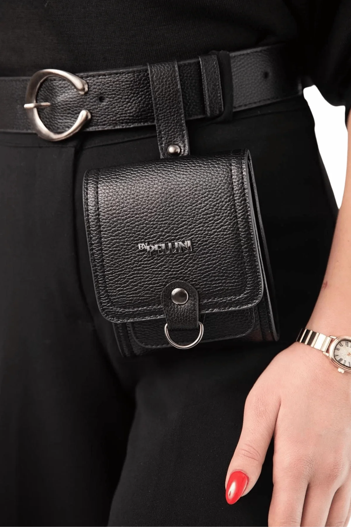 Kadın Suni Deri Kemerli Çanta Dokulu Siyah